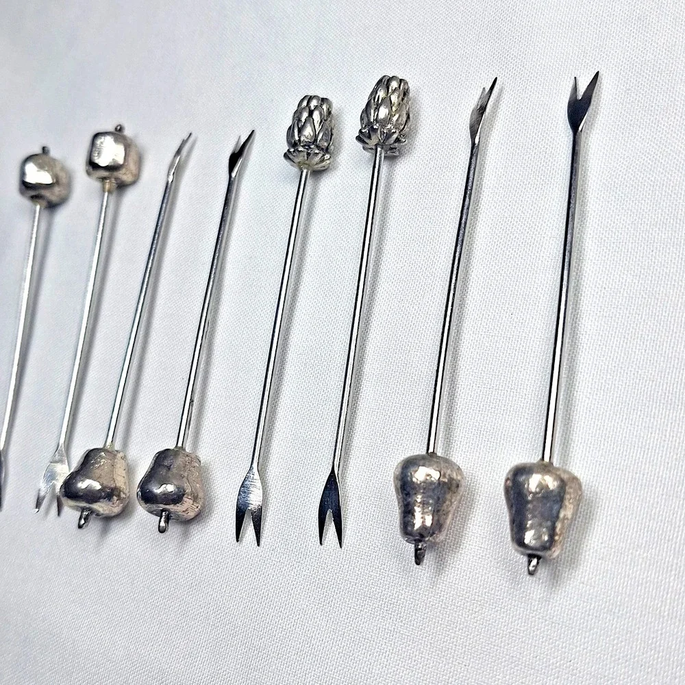 Set Of 6 Silver Fruit Topped Hors d'oeuvre‎ Forks Cocktail Picks Olive Bar Metal